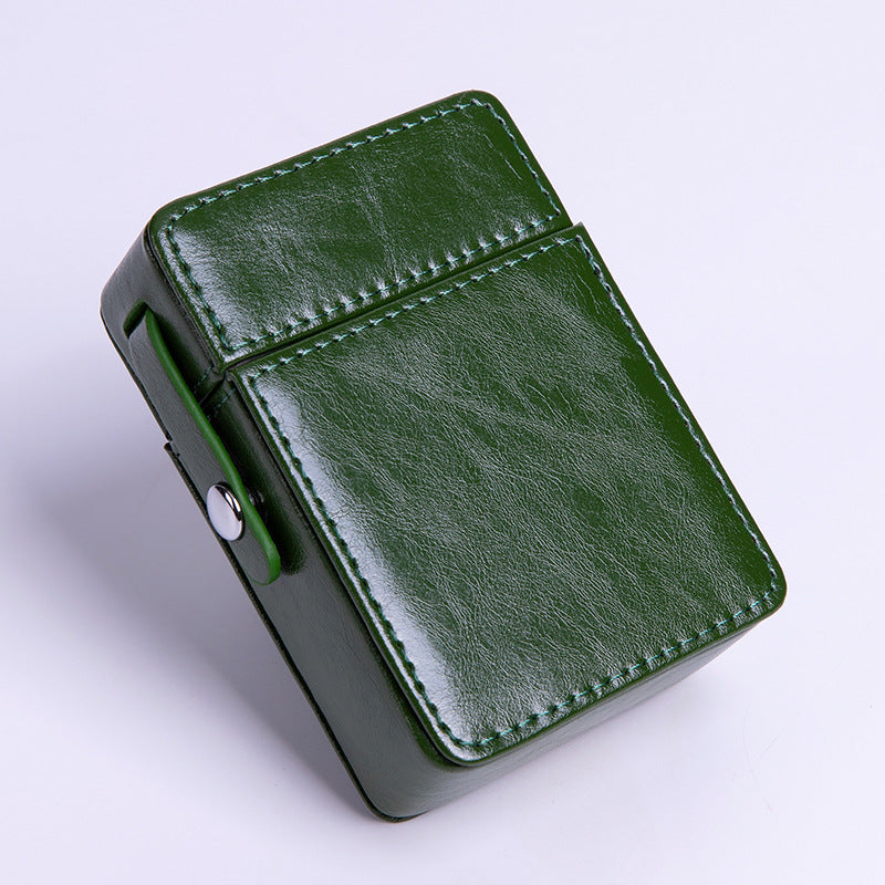 PU Leather Cigarette Case with Lighter Holder Hard Shell Storage Pouch Belt Loop Waist Bag for Standard Packs Green Gift for Men