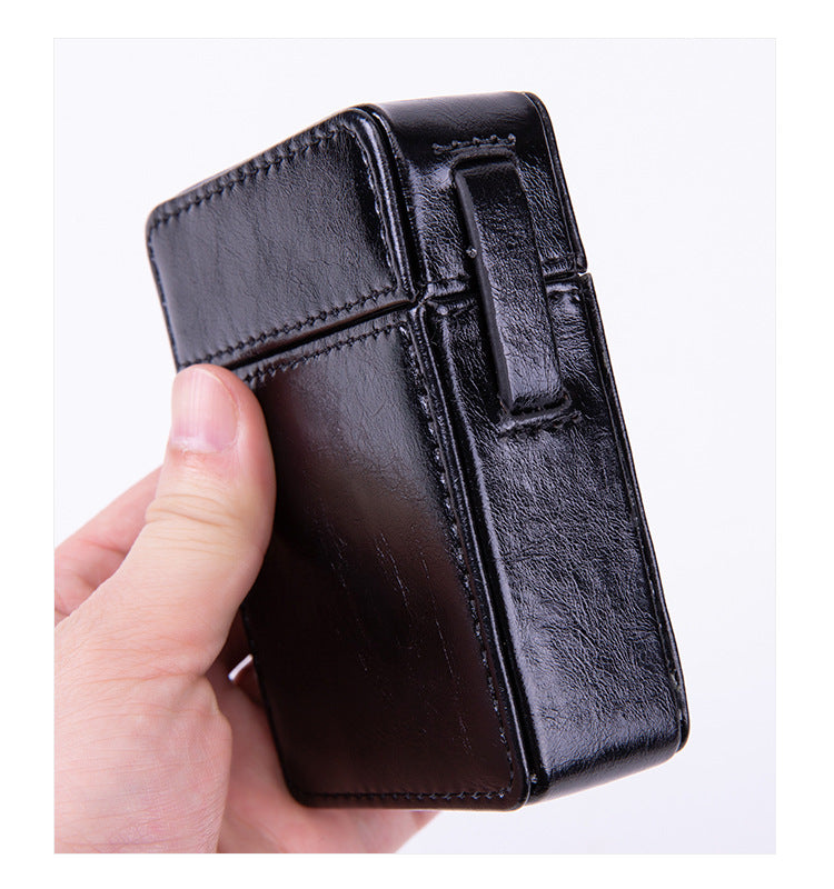 PU Leather Cigarette Case with Lighter Holder Hard Shell Storage Pouch Belt Loop Waist Bag for Standard Packs Brown Gift for Men