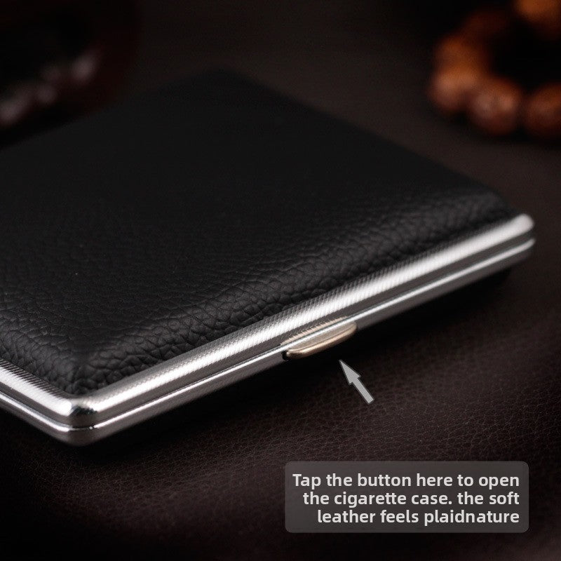 Genuine Leather Cigarette Case Holder 20 Stick Capacity Retro Vintage Style Stainless Steel Frame Pocket Box Mens Gift Black