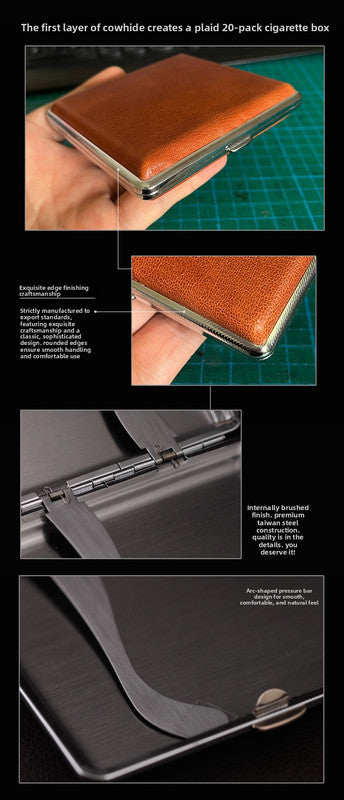 Genuine Leather Cigarette Case Coffee Brown Crocodile Pattern 20 Stick Capacity Retro Vintage Style Metal Frame Pocket Box Mens Gift