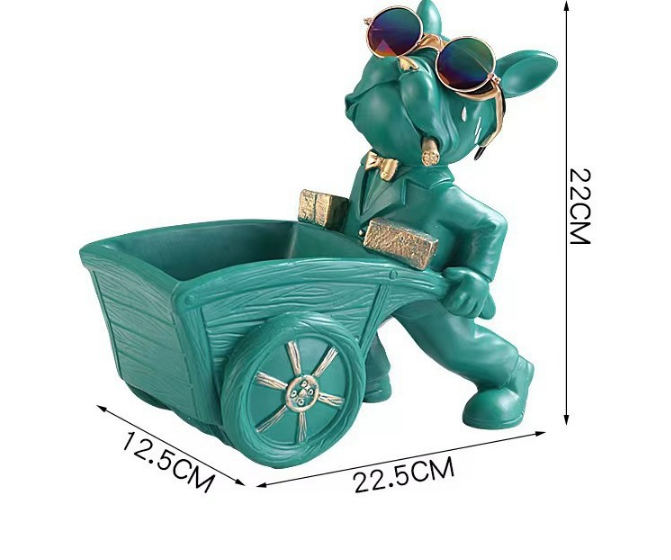 French Bulldog Pushing Wheelbarrow Storage Figurine Resin Statue Key Bowl Candy Dish Entryway Organiser Home Decor Gift Green