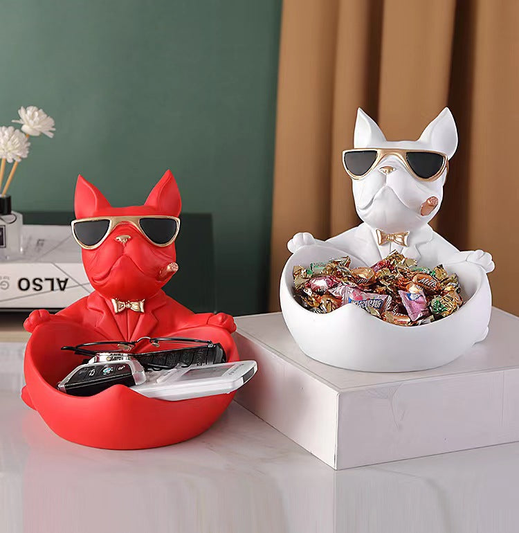 French Bulldog Pushing Wheelbarrow Storage Figurine Resin Statue Key Bowl Candy Dish Entryway Organiser Home Decor Gift Black