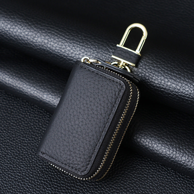Genuine Leather Car Key Case Double Zipper Smart Key Fob Holder Wallet Remote Organiser Pouch with Hook Black