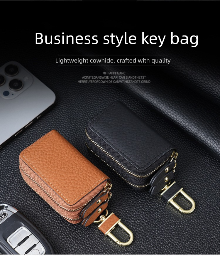 Genuine Leather Car Key Case Double Zipper Smart Key Fob Holder Wallet Remote Organiser Pouch with Hook Brown