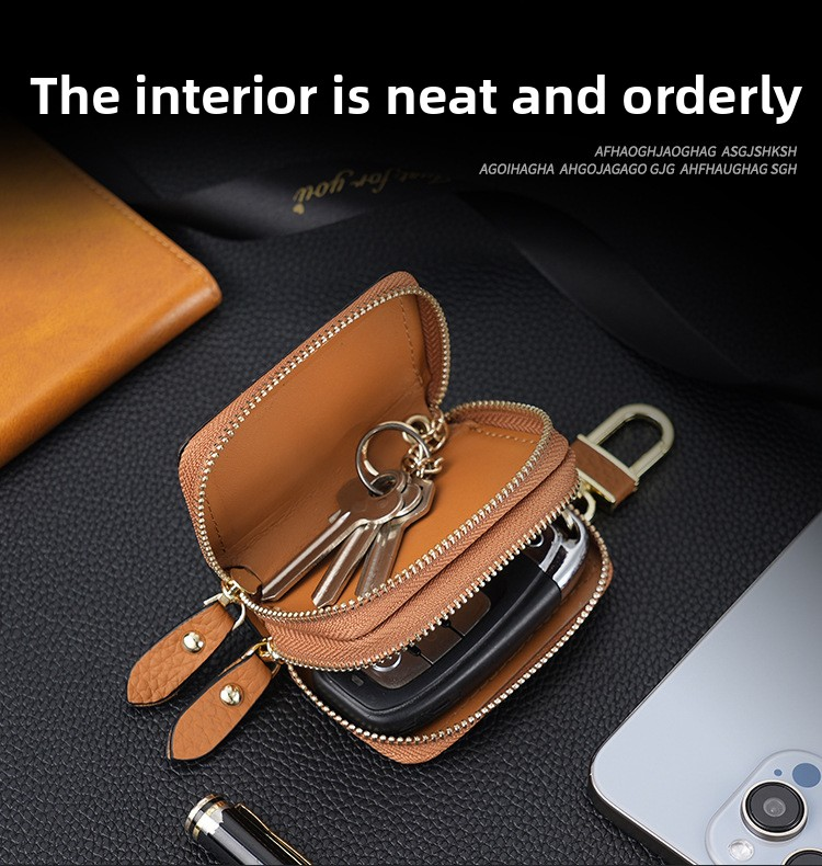 Genuine Leather Car Key Case Double Zipper Smart Key Fob Holder Wallet Remote Organiser Pouch with Hook Dark Blue