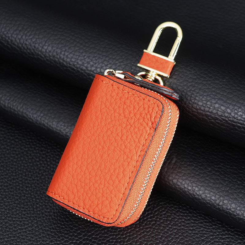 Genuine Leather Car Key Case Double Zipper Smart Key Fob Holder Wallet Remote Organiser Pouch with Hook Orange