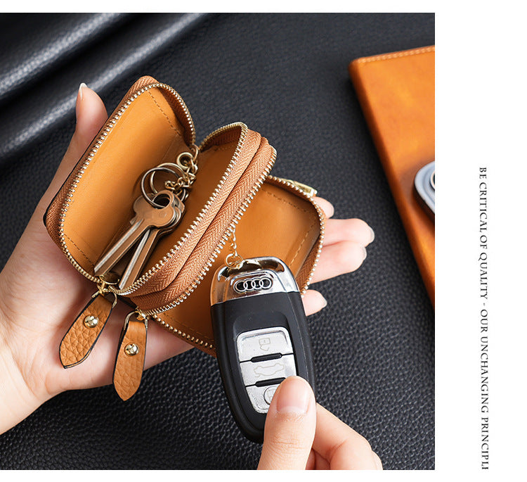 Genuine Leather Car Key Case Double Zipper Smart Key Fob Holder Wallet Remote Organiser Pouch with Hook Orange