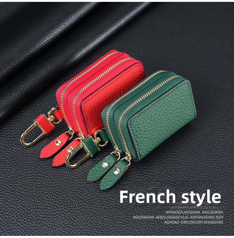 Genuine Leather Car Key Case Double Zipper Smart Key Fob Holder Wallet Remote Organiser Pouch with Hook Orange