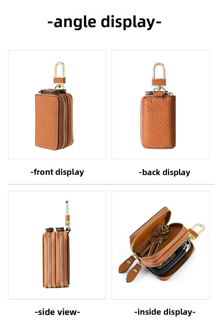 Genuine Leather Car Key Case Double Zipper Smart Key Fob Holder Wallet Remote Organiser Pouch with Hook Orange