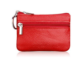 Small Coin Purse Key Ring Wallet Mini Change Pouch Dual Zipper Pocket PU Leather Portable Storage Bag Red