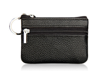 Small Coin Purse Key Ring Wallet Mini Change Pouch Dual Zipper Pocket PU Leather Portable Storage Bag Black