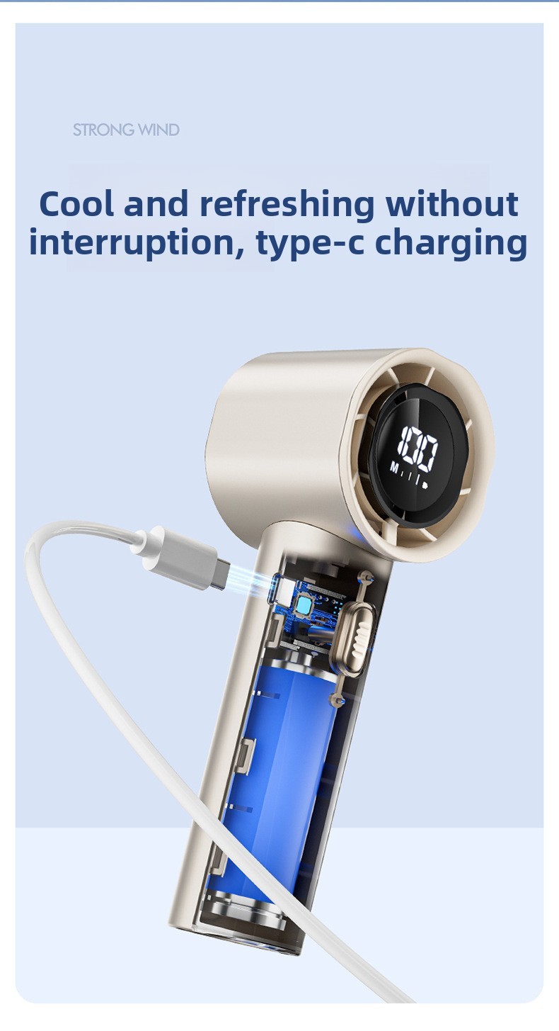 High Speed Handheld Turbo Fan Champagne Gold 3 Adjustable Speeds LED Display Portable Personal Cooling Fan Rechargeable for Travel Office Outdoor