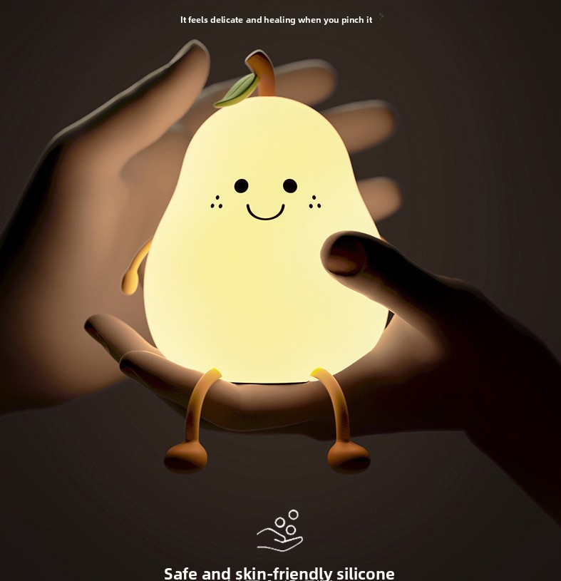 Cute Pear Night Light Squishy Silicone Nursery Lamp Rechargeable LED Bedside Light with Timer 7 Colour Changing Tap Control for Kids Baby Bedroom Gift