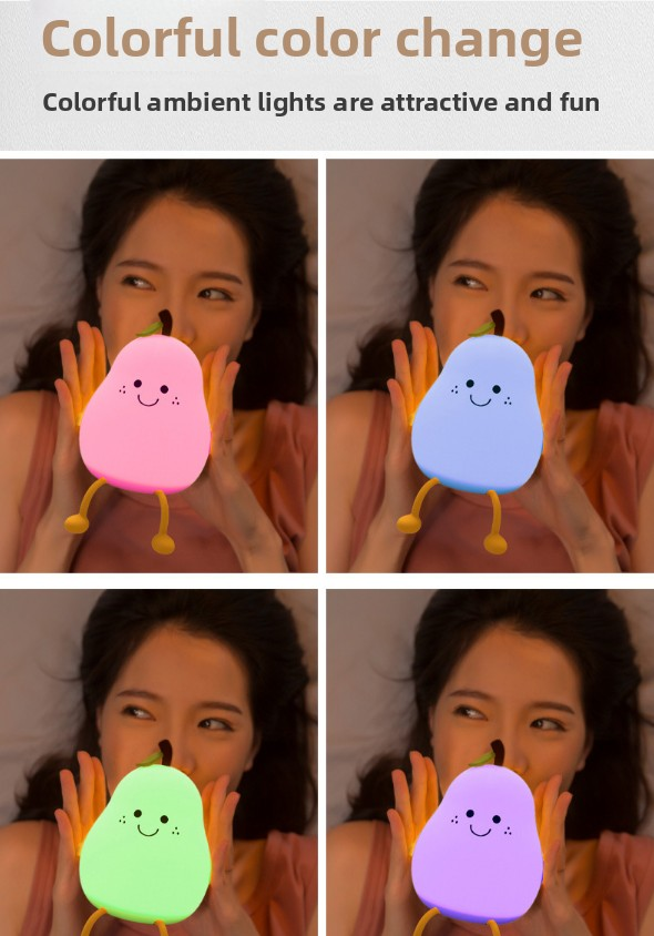 Cute Pear Night Light Squishy Silicone Nursery Lamp Rechargeable LED Bedside Light with Timer 7 Colour Changing Tap Control for Kids Baby Bedroom Gift