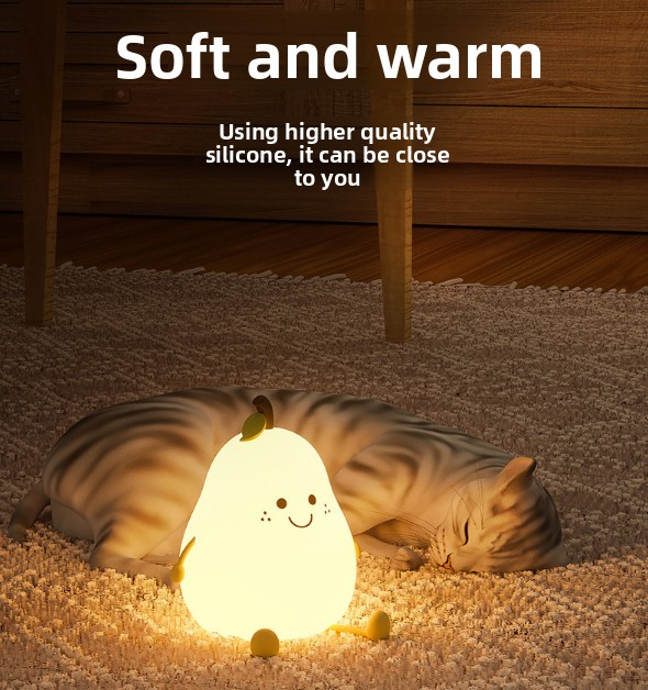 Cute Pear Night Light Squishy Silicone Nursery Lamp Rechargeable LED Bedside Light with Timer 7 Colour Changing Tap Control for Kids Baby Bedroom Gift