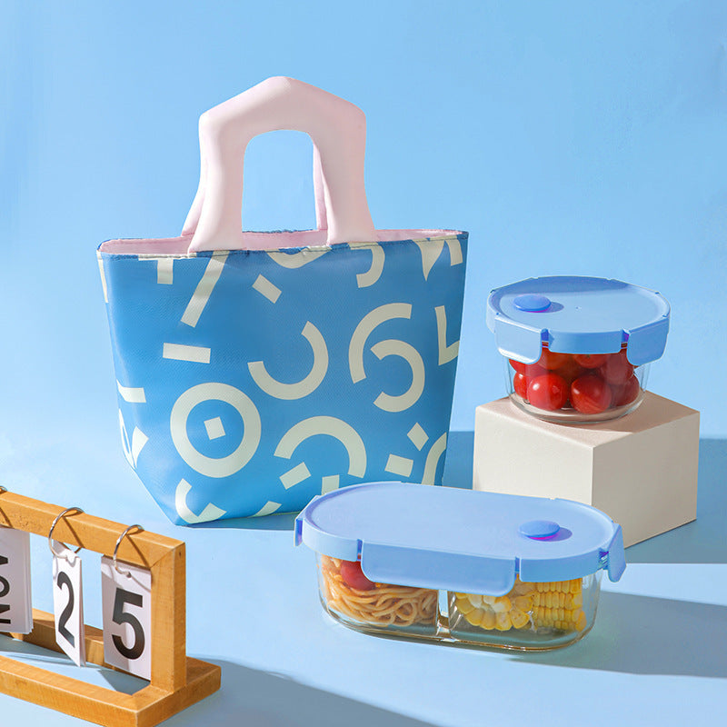 Insulated Lunch Bag Tote Fashion Graffiti Print with Soft Padded Handle Waterproof Thermal Cooler Bento Case for Work School and Picnics Blue with Pink Handle