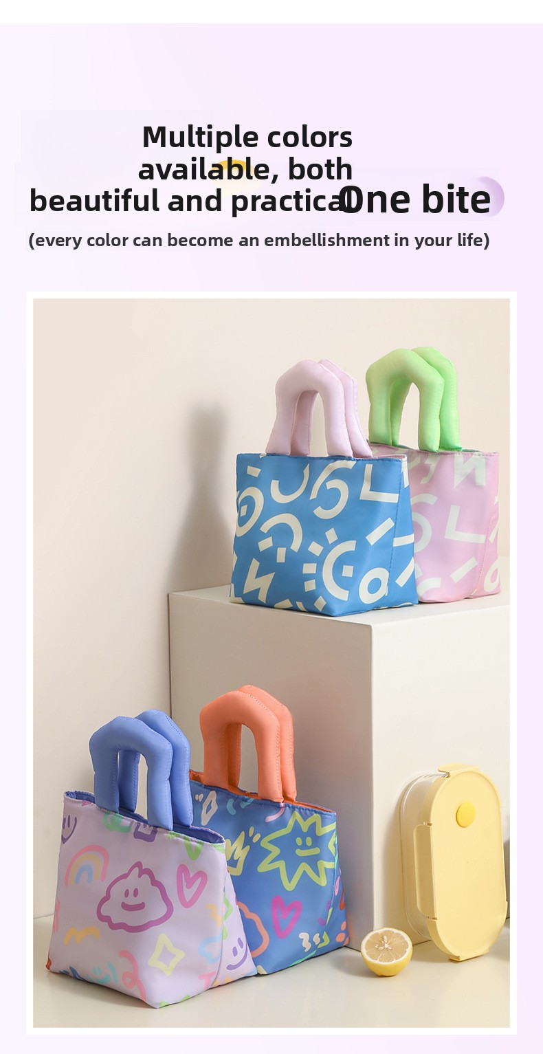 Insulated Lunch Bag Tote Fashion Graffiti Print with Soft Padded Handle Waterproof Thermal Cooler Bento Case for Work School and Picnics Blue with Pink Handle