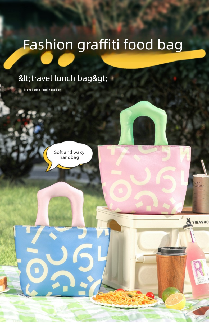 Insulated Lunch Bag Tote Fashion Graffiti Print with Soft Padded Handle Waterproof Thermal Cooler Bento Case for Work School and Picnics Blue with Orange Handle