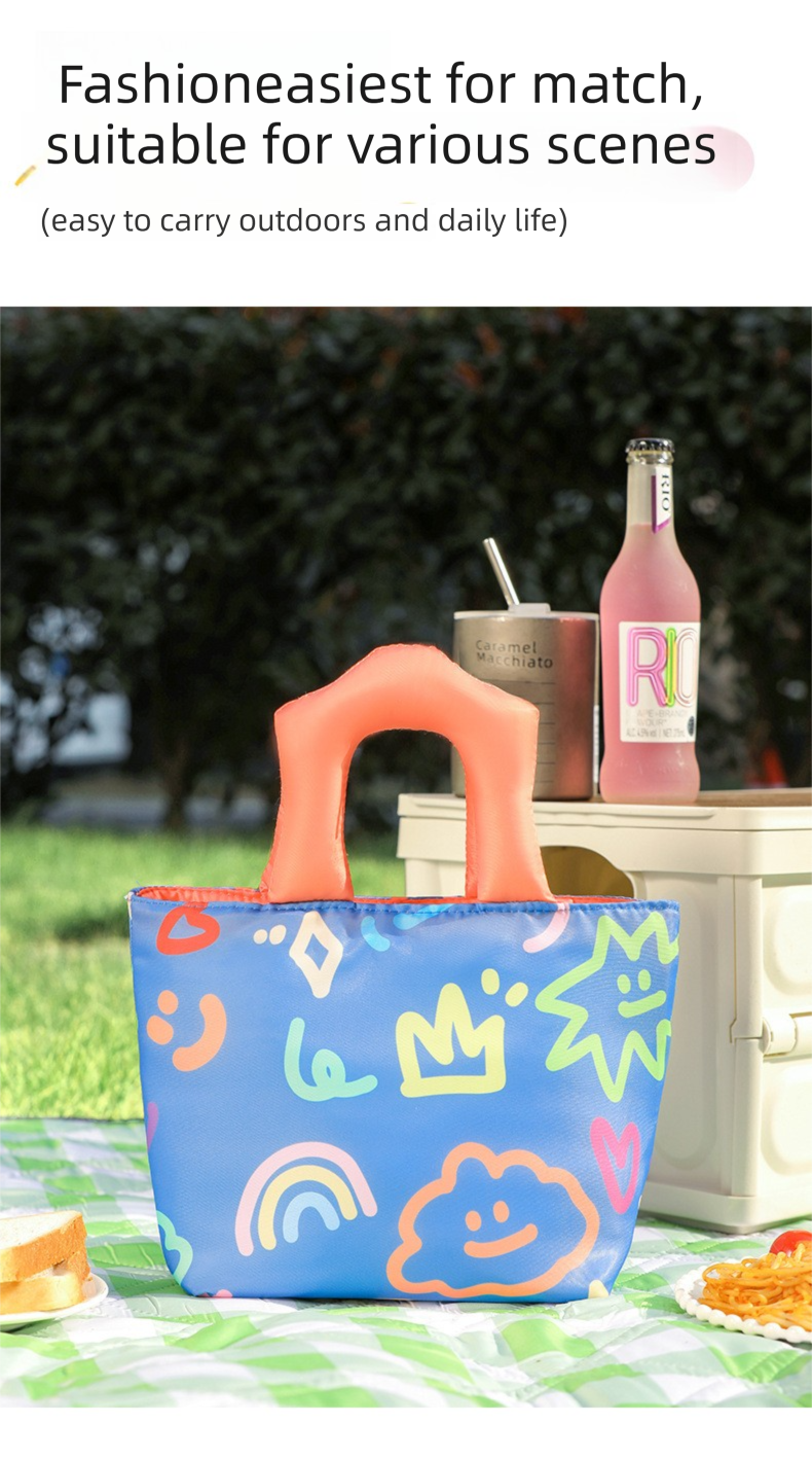 Insulated Lunch Bag Tote Fashion Graffiti Print with Soft Padded Handle Waterproof Thermal Cooler Bento Case for Work School and Picnics Blue with Orange Handle