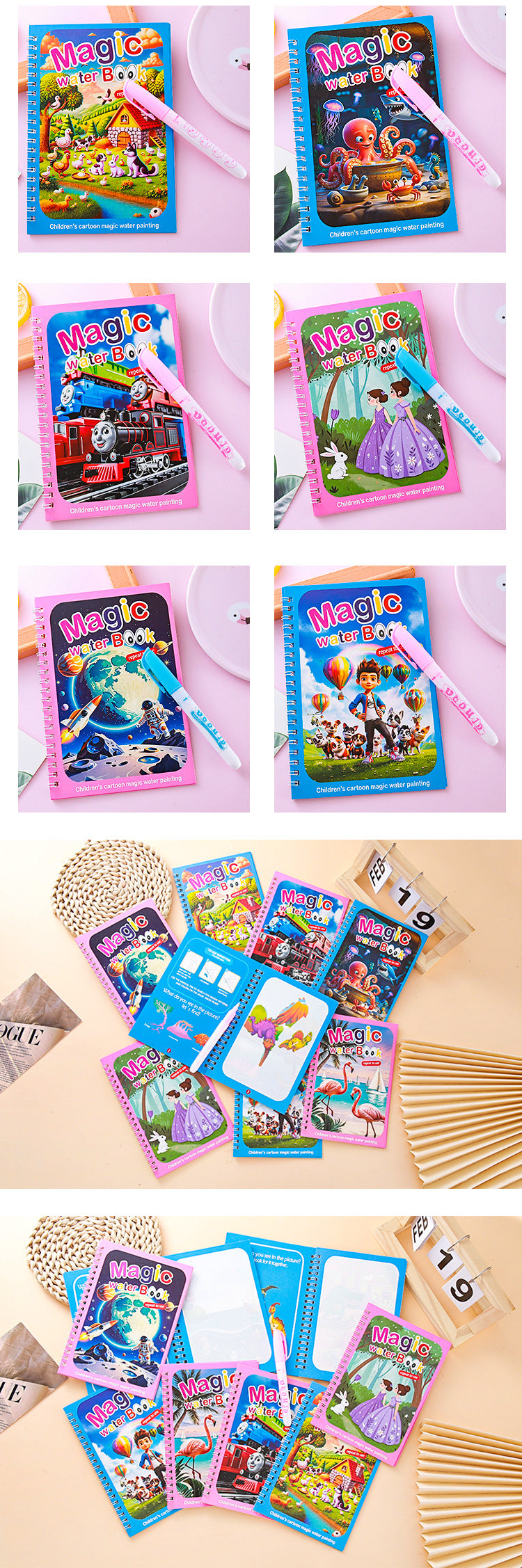 2 PCS Magic Water Colouring Book Reusable Mess Free Painting Set Underwater Ocean and Train Themes with Refillable Water Pens for Kids Travel Activity