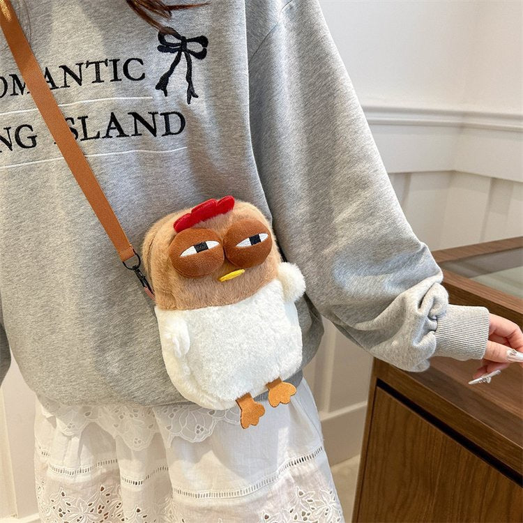 Cute Plush Chicken Crossbody Bag - Soft Faux Fur Mobile Phone Pouch - Quirky Cartoon Shoulder Purse for Girls & Teens - Novelty Gift