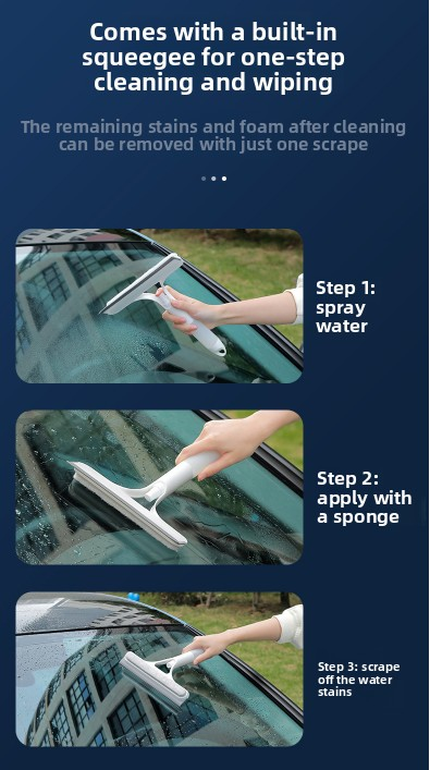 White 3-in-1 Window Squeegee with Built-in Spray Bottle - Dual Sided Sponge Glass Cleaner - Streak Free Tool for Shower Screens, Mirrors & Car Windows