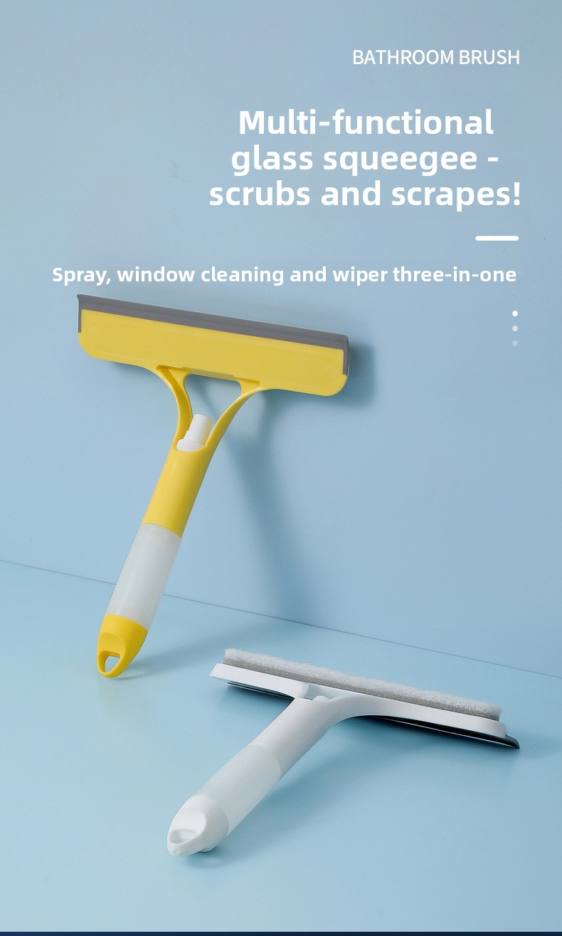 Yellow 3-in-1 Window Squeegee with Built-in Spray Bottle - Dual Sided Sponge Glass Cleaner - Streak Free Tool for Shower Screens, Mirrors & Car Windows