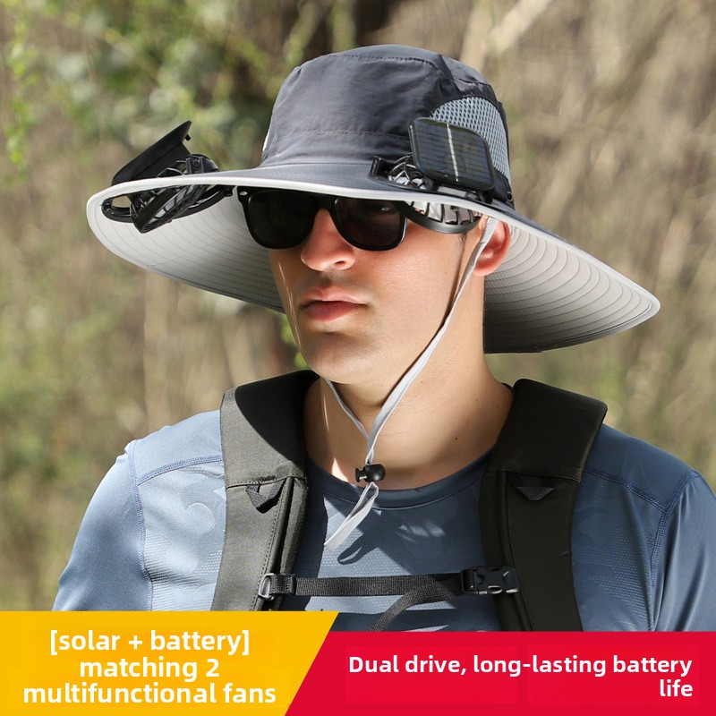 Dark Grey Dual Solar Fan Hat with Rechargeable Battery - Wide Brim UPF 50+ Sun Protection Bucket Hat for Fishing &amp; Outdoor Work
