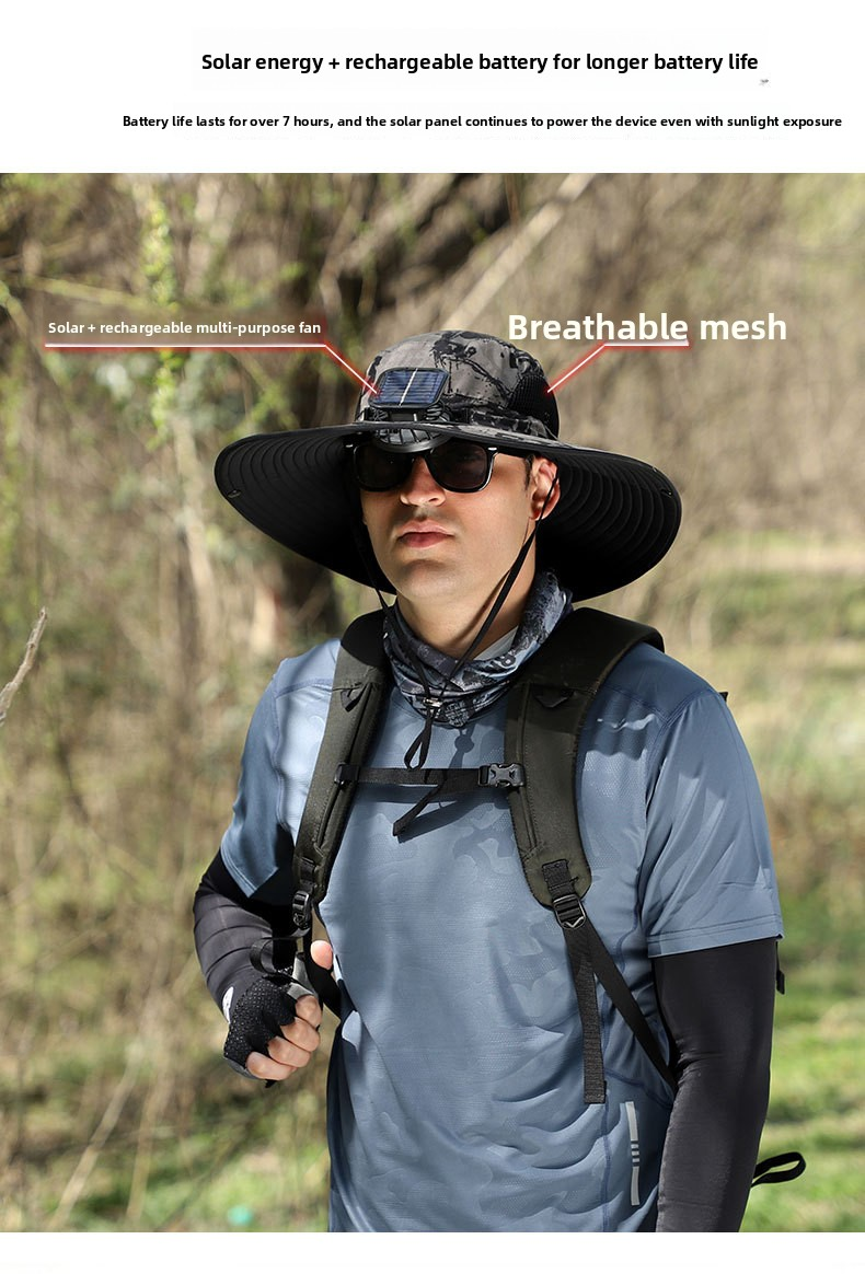 Dark Grey Dual Solar Fan Hat with Rechargeable Battery - Wide Brim UPF 50+ Sun Protection Bucket Hat for Fishing & Outdoor Work