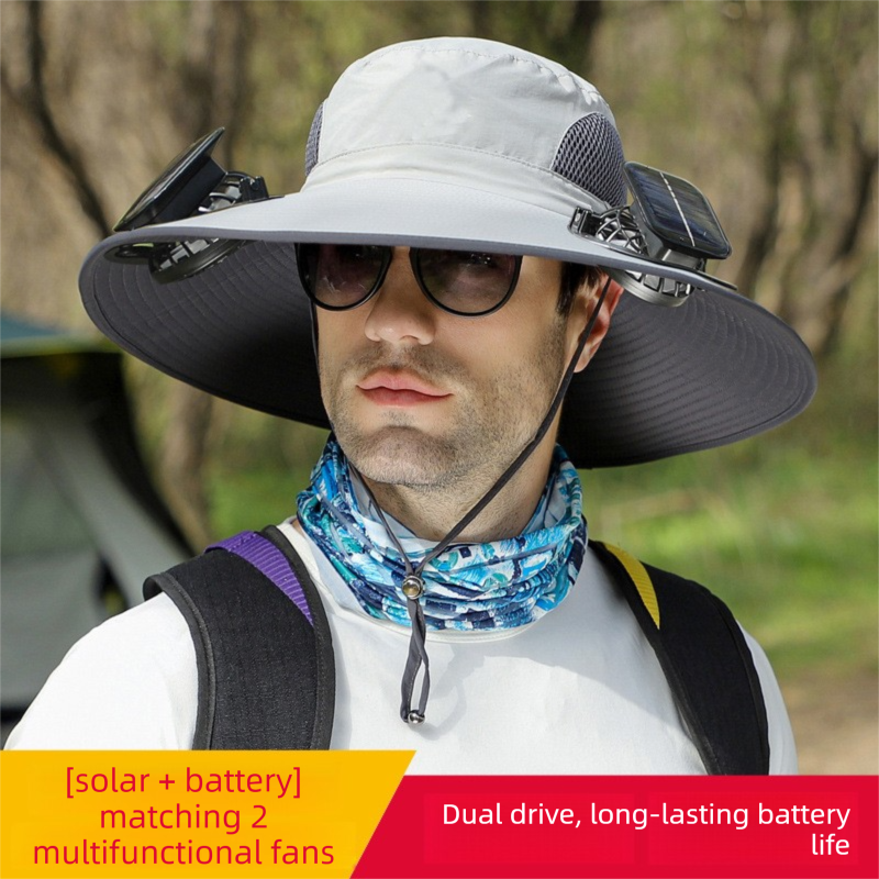 Light Grey Dual Solar Fan Hat with Rechargeable Battery - Wide Brim UPF 50+ Sun Protection Bucket Hat for Fishing & Outdoor Work
