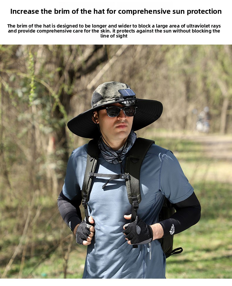 Light Grey Dual Solar Fan Hat with Rechargeable Battery - Wide Brim UPF 50+ Sun Protection Bucket Hat for Fishing & Outdoor Work