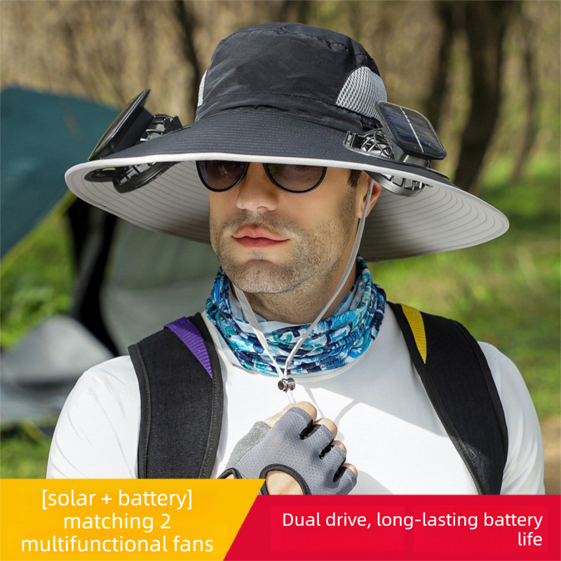 Black Dual Solar Fan Hat with Rechargeable Battery - Wide Brim UPF 50+ Sun Protection Bucket Hat for Fishing &amp; Outdoor Work
