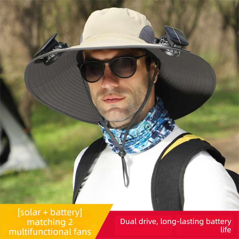 Khaki Dual Solar Fan Hat with Rechargeable Battery - Wide Brim UPF 50+ Sun Protection Bucket Hat for Fishing &amp; Outdoor Work