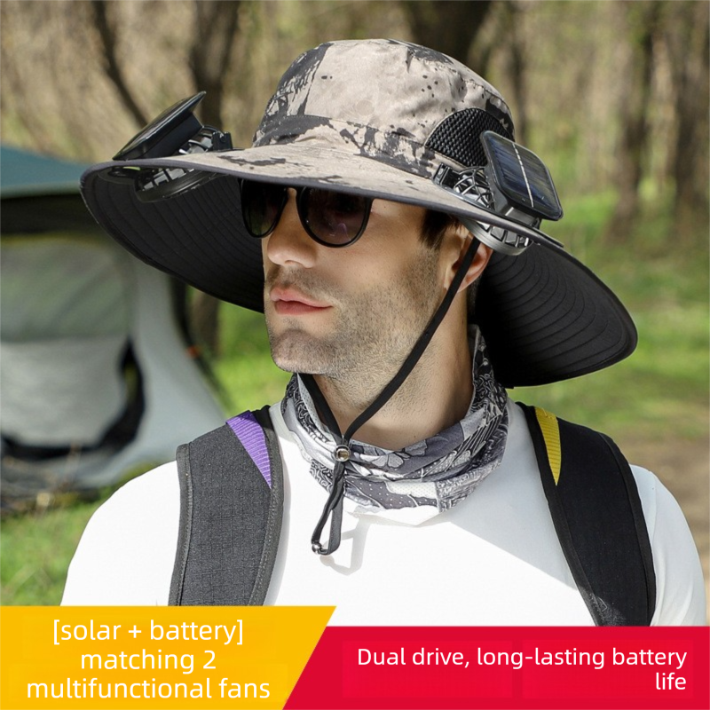 Dual Solar Fan Hat with Rechargeable Battery - Wide Brim UPF 50+ Sun Protection Bucket Hat - Khaki Ink Pattern for Fishing &amp; Camping