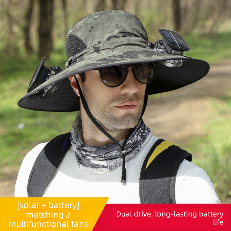 Dual Solar Fan Hat with Rechargeable Battery - Wide Brim UPF 50+ Sun Protection Bucket Hat - Green Ink Pattern for Fishing &amp; Camping