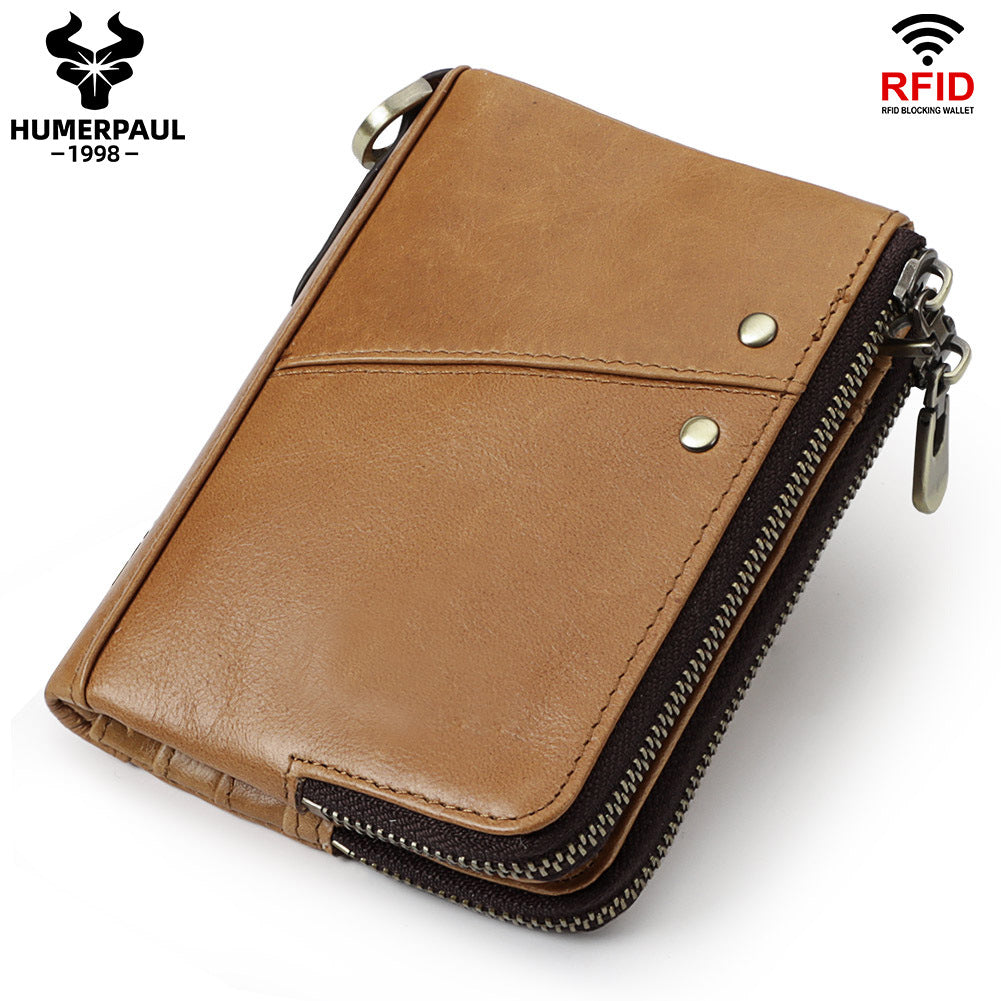 Genuine Leather Mens Wallet Double Zipper - RFID Blocking Bifold Card Holder with Coin Pocket - Vintage Brown Gift for Him