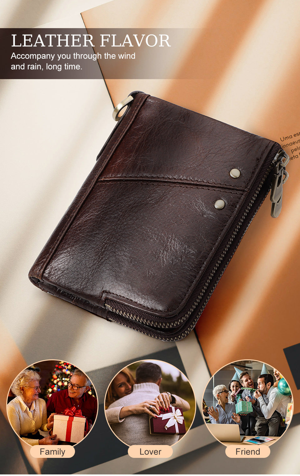 Genuine Leather Mens Wallet Double Zipper - RFID Blocking Bifold Card Holder with Coin Pocket - Coffee Gift for Him