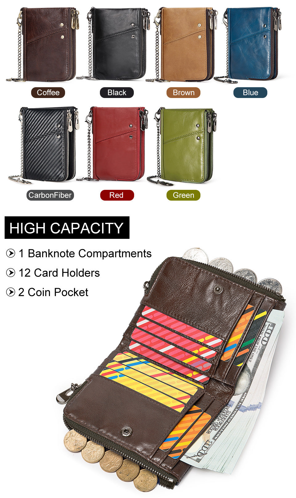 Genuine Leather Mens Wallet Double Zipper - RFID Blocking Bifold Card Holder with Coin Pocket - Green Gift for Him