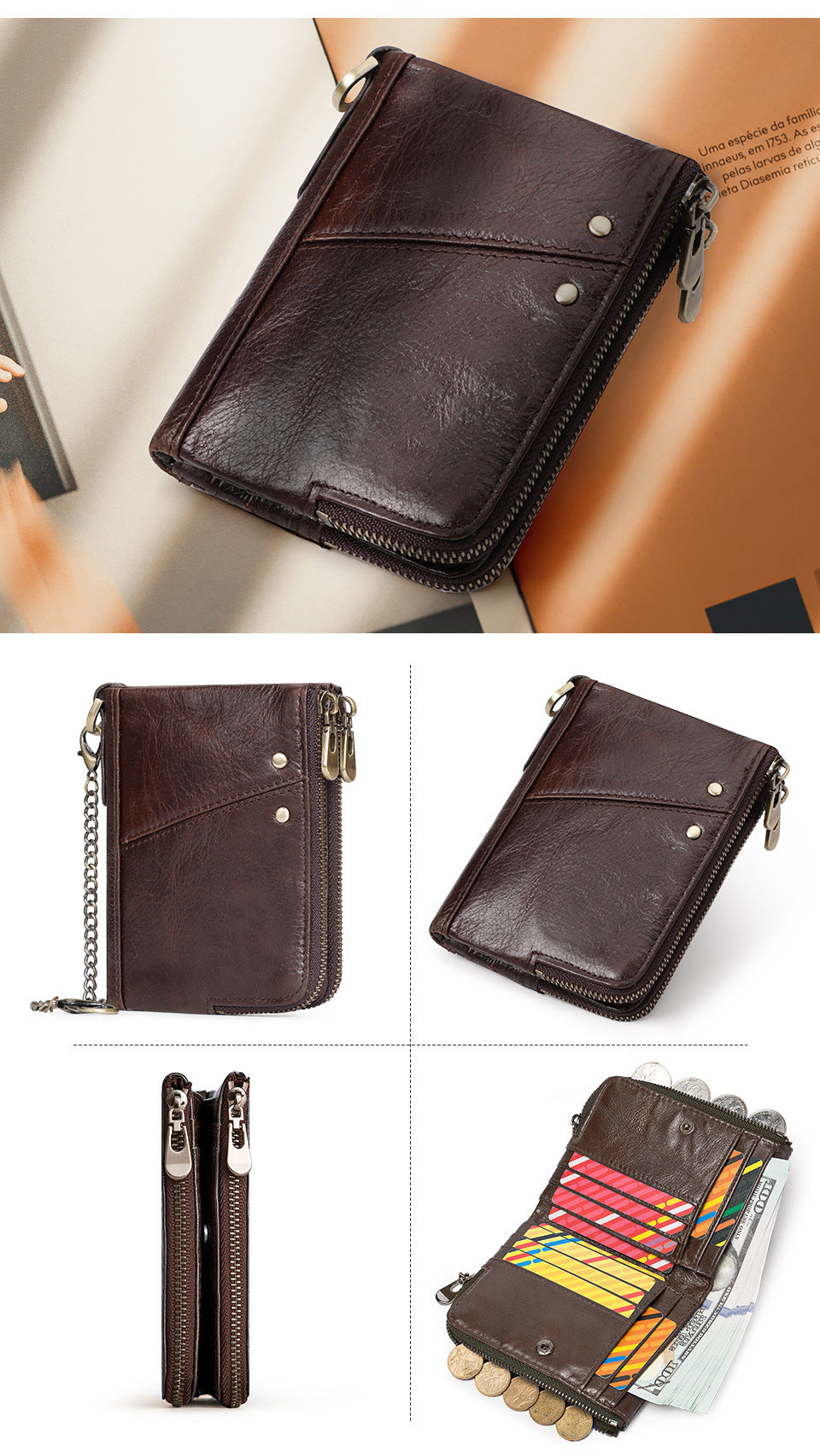 Genuine Leather Mens Wallet Double Zipper - RFID Blocking Bifold Card Holder with Coin Pocket - Green Gift for Him