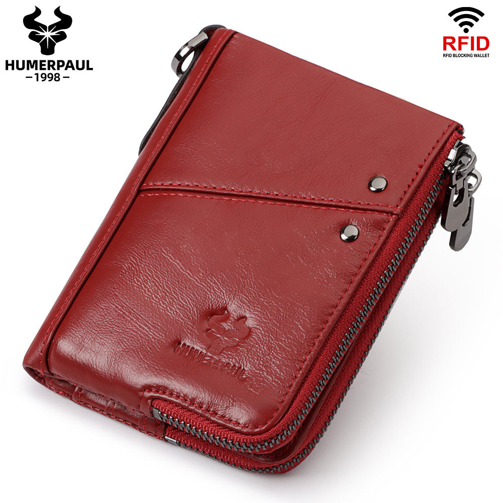 Genuine Leather Double Zipper Wallet - Red RFID Blocking Bifold Card Holder - Vintage Cowhide Purse with Coin Pockets (13cm)