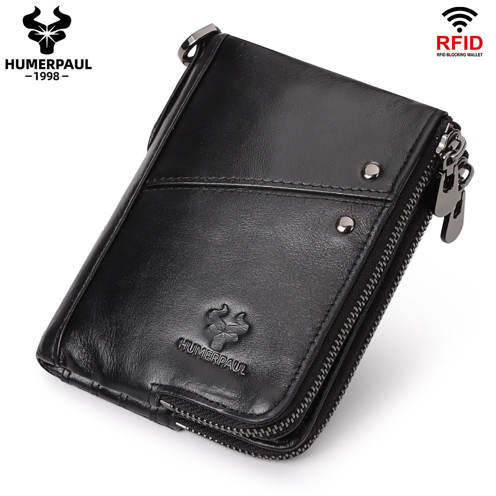 Genuine Leather Double Zipper Wallet - Black RFID Blocking Bifold Card Holder - Vintage Cowhide Purse with Coin Pockets (13cm)