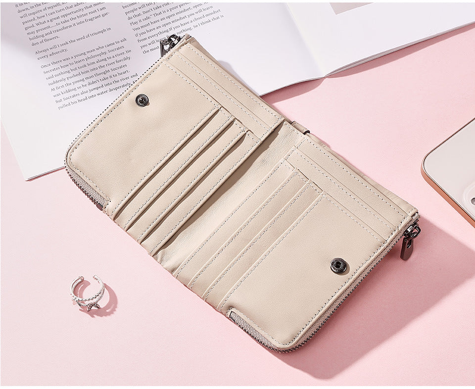 Genuine Leather Double Zipper Wallet - Beige RFID Blocking Bifold Card Holder - Vintage Cowhide Purse with Coin Pockets (13cm)