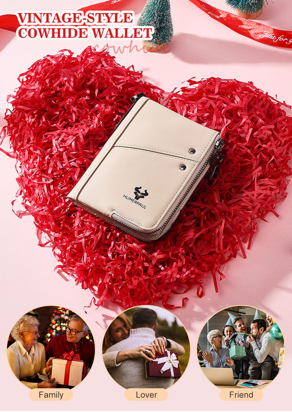 Genuine Leather Double Zipper Wallet - Light Brown RFID Blocking Bifold Card Holder - Vintage Cowhide Purse with Coin Pockets (13cm)