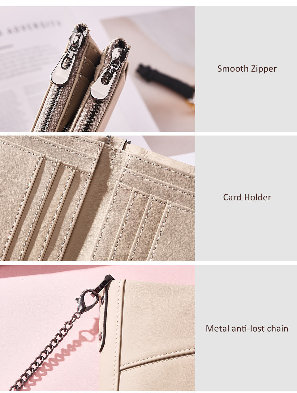 Genuine Leather Double Zipper Wallet - Light Brown RFID Blocking Bifold Card Holder - Vintage Cowhide Purse with Coin Pockets (13cm)