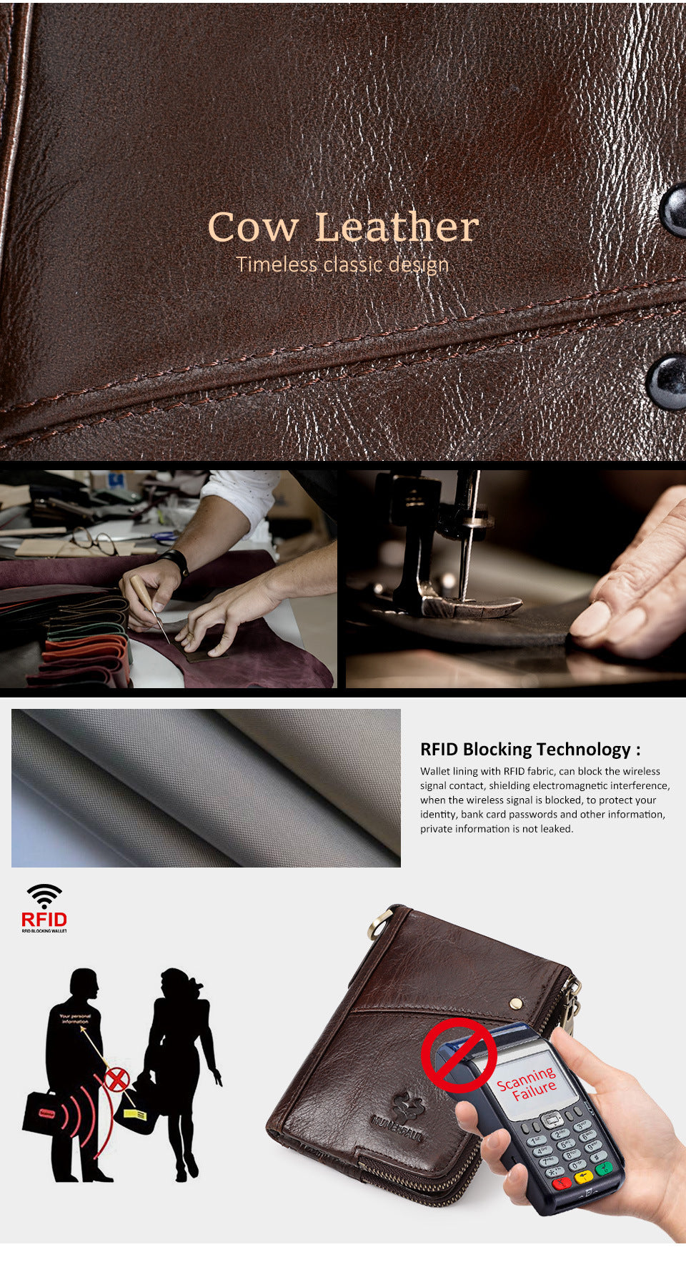 Genuine Leather Double Zipper Wallet - Light Brown RFID Blocking Bifold Card Holder - Vintage Cowhide Purse with Coin Pockets (13cm)