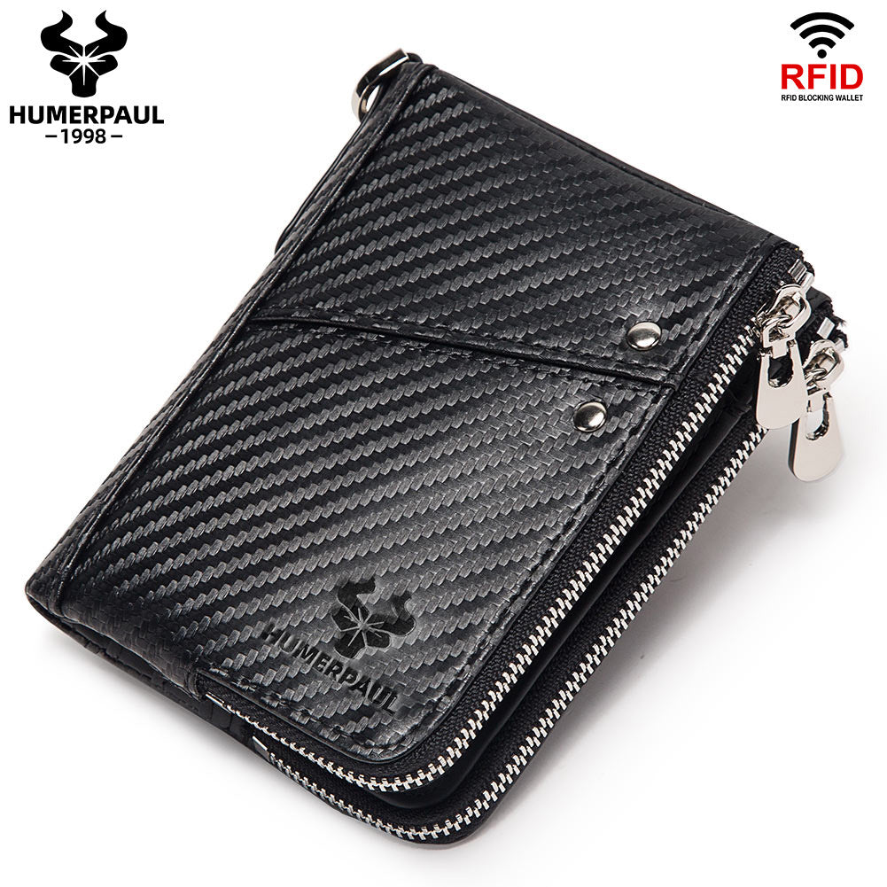 Carbon Fiber Texture Leather Mens Wallet - RFID Blocking Double Zipper Bifold - Vertical Card Holder with Coin Pockets (Black)
