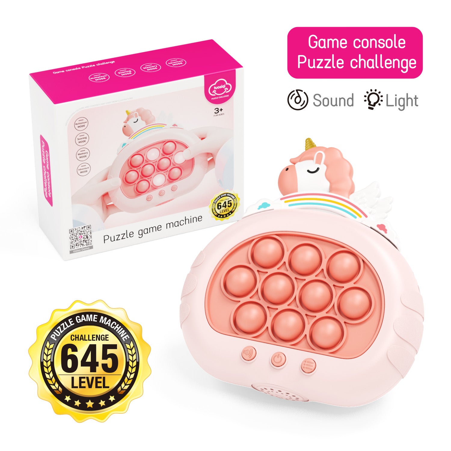 Electronic Fast Push Pop Game - Pink Unicorn Fidget Console with Lights & Sound - 4 Modes Memory & Speed Challenge - Interactive Sensory Toy for Kids 3+ & Travel