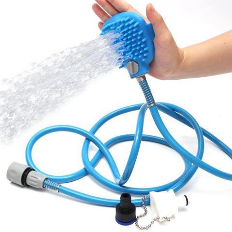 2-in-1 Pet Bathing Tool &amp; Massager - Handheld Silicone Shower Sprayer Scrubber for Dogs &amp; Cats - 2.2m Hose with Indoor &amp; Outdoor Tap Adapters - Blue Grooming Kit