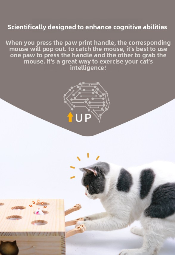 Interactive Wooden Cat Toy Whack-A-Mole Box - Solid Pine Puzzle Game with Pop-Up Plush Mice - Mental Enrichment & Bonding for Indoor Cats