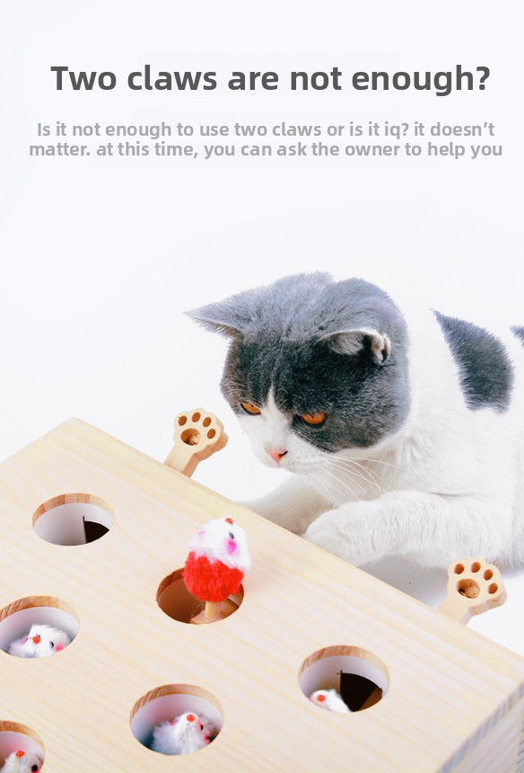 Interactive Wooden Cat Toy Whack-A-Mole Box - Solid Pine Puzzle Game with Pop-Up Plush Mice - Mental Enrichment & Bonding for Indoor Cats